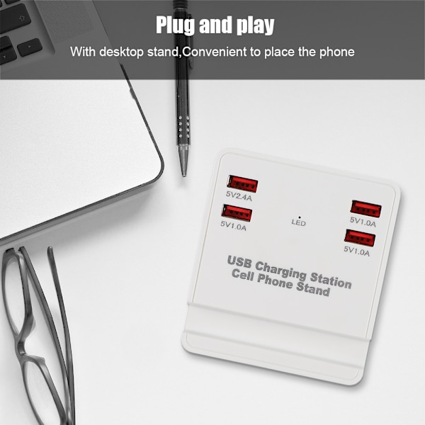 25W 4-Port USB Laddstation med Mobiltelefonhållare för Skrivbord för iPhone Snabbladdning EU-kontakt (100-240V)