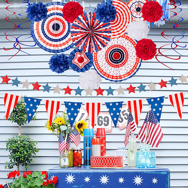 Fjärde Juli Dekorationer, Minnesvärda Röda Vita Blå Pappersfläktar För Patriotiska Firanden, Amerikansk Flaggbanner Förhöjer Uteplatsens Dekor,