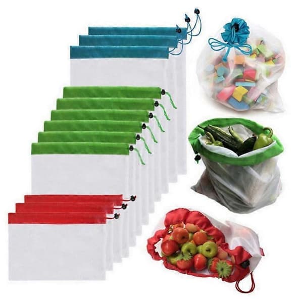 GETIT Patchwork polyester mesh grøntsags- og frugtposer, genanvendelige netposer med snøre