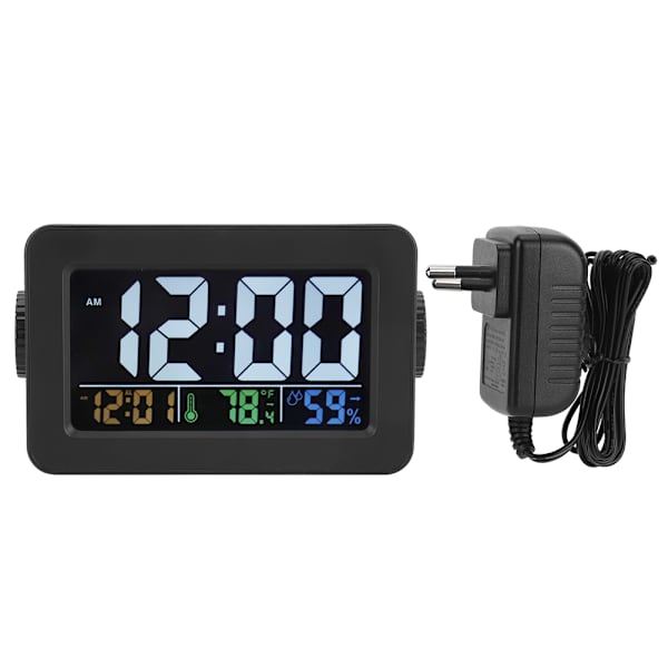 Elektronisk väckarklocka med temperatur- och fuktighetsdisplay, ljuskontroll, laddningsport, 100-240V
