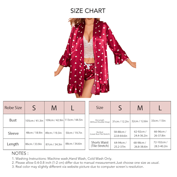 4 st Kvinnor Pyjamas Set Casual Bältesrock Spets Bralette och Shorts Sovkläder Set för Hemma Vinröd Hjärta (Rock + Bälte + BH + Byxor) S