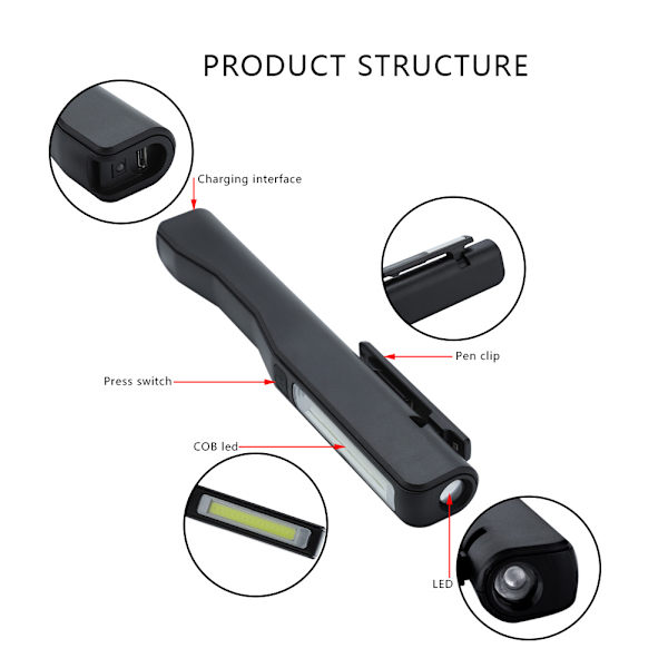 Genopladelig COB LED lommelygte hånd lomme pen arbejdslys med
