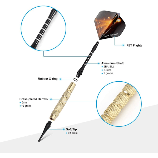 Professionell Dartset med Aluminiumskaft, Okrossbar Design för Långvarig Prestanda, Soft Tip Dartpilar, Kompatibel med Elektronisk Darttavla
