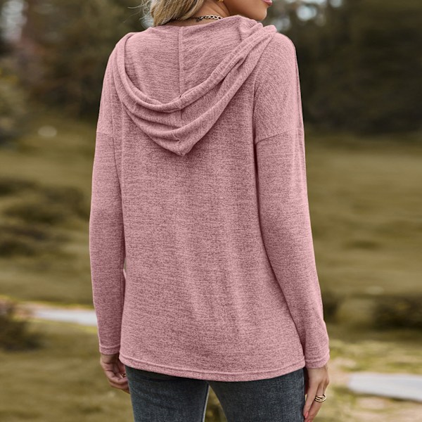 Dam Långärmad Hoodie V-ringad Dragsko Enfärgad Lös Casual Tröja Rosa XL