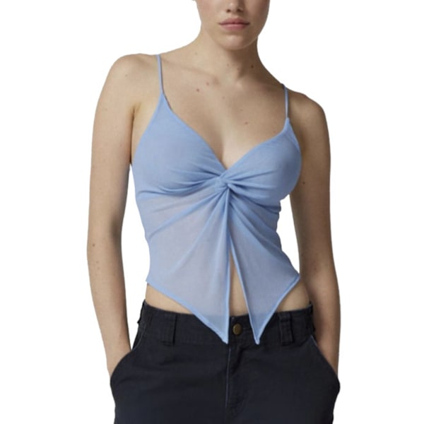 Dam Spaghetti Strap Genomskinlig Mesh Topp Slim Fit Vriden Knut V Ringning Ärmlös Camisole Tank Top Blå M