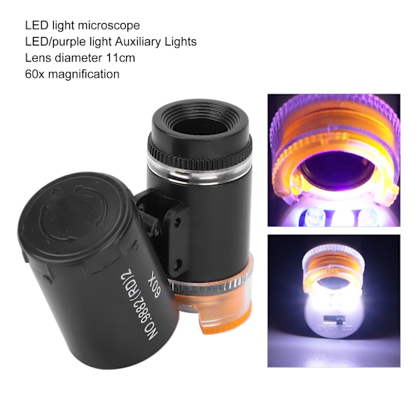 60X Mini Forstørrelsesglas Bærbar Smykke Lupe Detektor LED Lys Lommemikroskop Sort