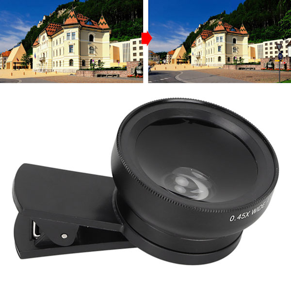 Telefonlinse 2 i 1 HD Professionel Universal Clip 0.45X Vidvinkel 12.5X Makrolinse til Mobiltelefon Tablet Sort
