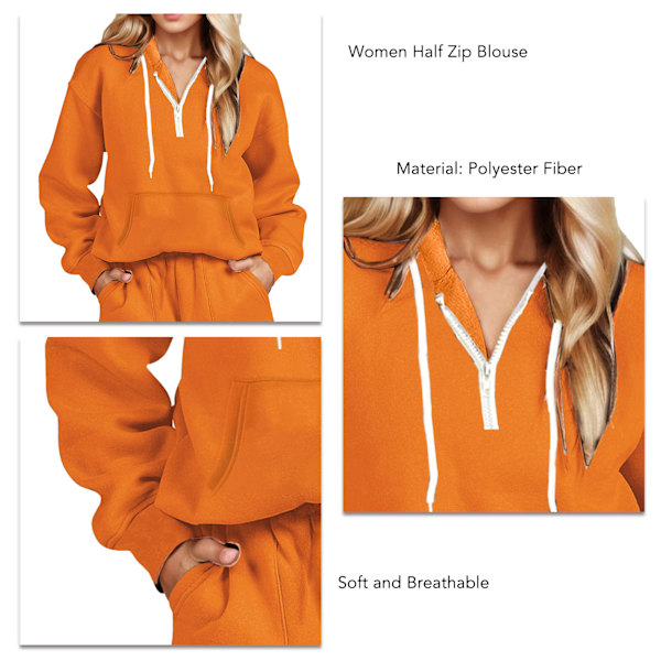 Halv Dragkedja Huvtröja Blus Dragsko Fickor Casual Topp Huvtröjor Långärmad Mjuk Stilren Pullover Blus för Kvinnor Orange XL