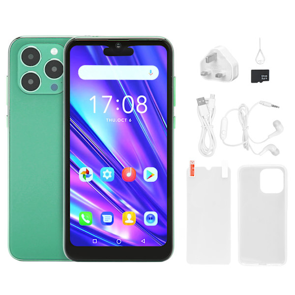 I14 Pro Max Smartphone för Android 8.1 6.1in 4GB RAM 32GB ROM MTK6580A Mobiltelefon Fram 5MP Bak 8MP med 64G Minneskort Expansion 100‑240V Grön
