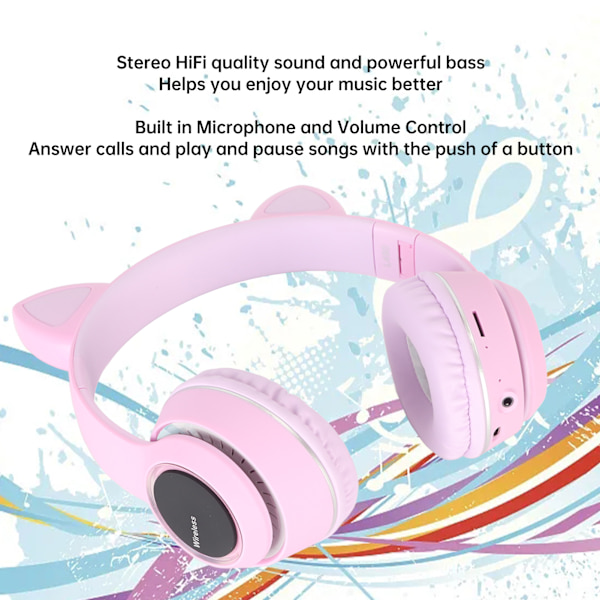 Bluetooth-kissan korvat kuulokkeet HiFi-stereo, sisäänrakennettu mikrofoni, muistikortin tuki, linjatulo, langattomat kuulokkeet LED-valolla, violetti