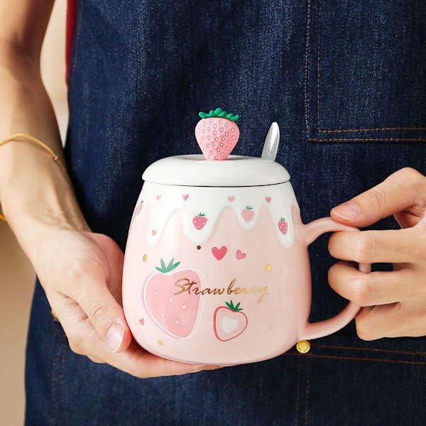 Kawaii Mugg, Elegant Design Keramikmugg, Jordgubbs-silikonhuvud på Lock, Perfekt för Hem & Kontor, Högkvalitativ Keramik, Tål Diskmaskin, Gåva