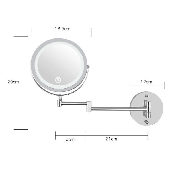 Seinään kiinnitettävä meikkipeili, 10x suurentava kaksipuolinen LED-valopeili kylpyhuoneeseen, 360° kääntyvä, USB ladattava ja 7 tuuman jatkettava