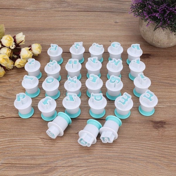 Dekorera Tårtor Cupcakes, Livsmedelsgodkända Mini Gemener Alfabet Fjäderstämplar, Direkt Prägling Fondant Stämplare för Tårtbakverk