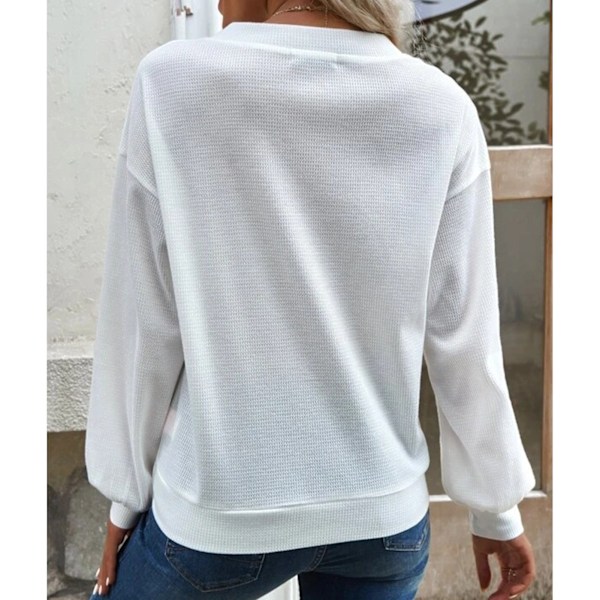 Dam V-ringad Tröja med Nedhasad Axel, Knäppning Fram, Enfärgad, Trendig Långärmad Pullover Topp Vit XXL