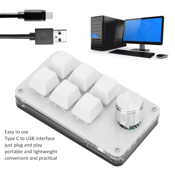 Enhandsmekaniskt tangentbord Multifunktion 6-tangenters Mini Gaming Keypad Genväg Programmerbart tangentbord med ratt Svart Vit