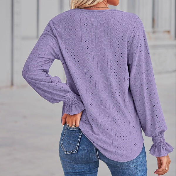 Rynkad volang långärmad topp dam ledig elegant lös ihålig spets virkad V-ringad skjorta blus lila XL