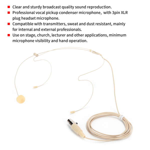 Beige 3-pinners kontakt headsetmikrofon med kapasitanshode for bodypack-sender