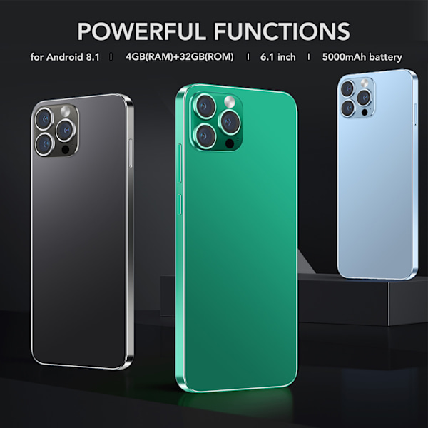 I14 Pro Max Smartphone för Android 8.1 6.1in 4GB RAM 32GB ROM MTK6580A Mobiltelefon Fram 5MP Bak 8MP med 64G Minneskort Expansion 100‑240V Grön