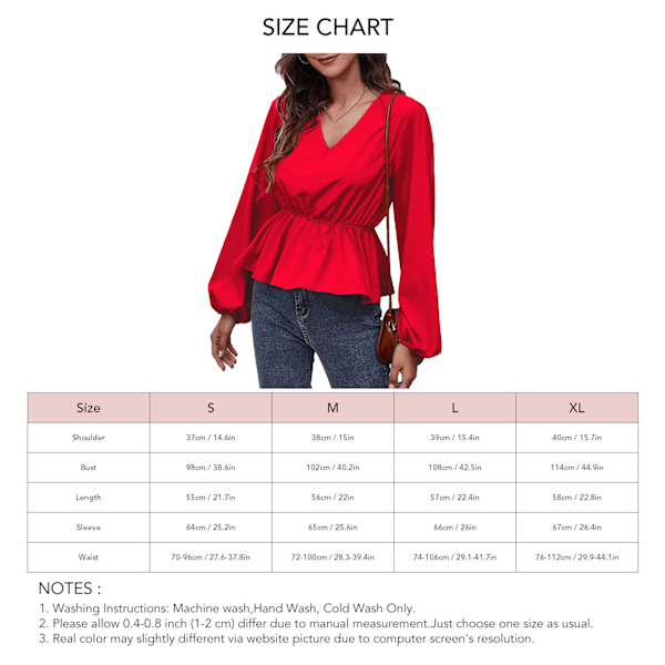 Dam V-ringad Blus Lykta Långärmad Smal Midja Volangfåll Enfärgad Elegant Casual Relax Fit Topp Röd S