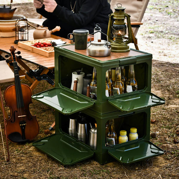 Fällbar förvaringslåda för camping med trälock, hopfällbar förvaringsbehållare med hjul för bilcamping, picknick, OD-grön