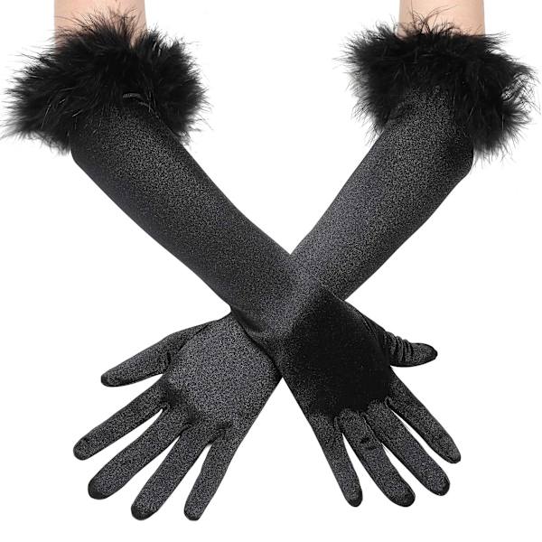 Dam, Svart, Fjäderhandskar, Elegant, 1920-tal, Långa, Afton, Opera, Handskar, Halloween, Häxkostym, Maskeradkläder, Handkläder, Bröllop, Brud,