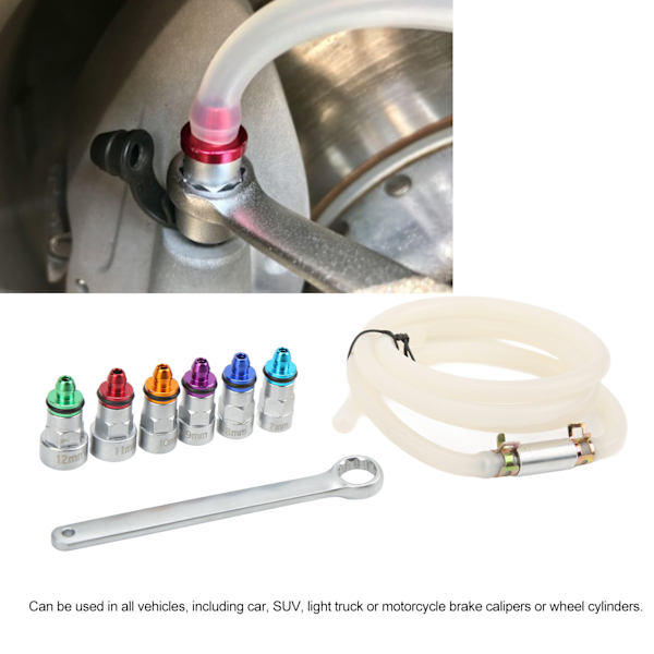 Bromsluftningsnyckel Kit Metall Gummi 7‑12mm 6 Adaptrar 1 Avtappningsslang Universal för Bil SUV Lätt Lastbil Motorcykel