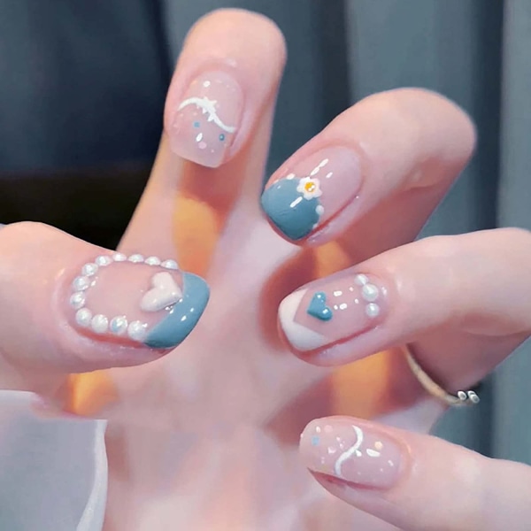 24PCS French Tip Press on Nails Short with Designs