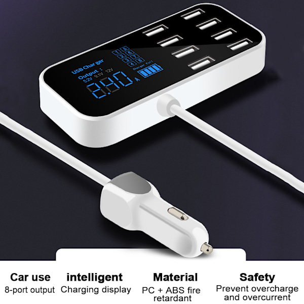 Ultrathin USB-biltelefonlader med 8 porter, direkte lading fra sigarettenneren