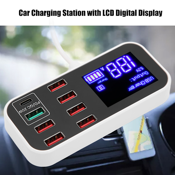 Bil laddare Multi USB Laddningsstation 8 Port Snabb PD QC 3.0 Typ C Port Telefon Hub med LCD Display