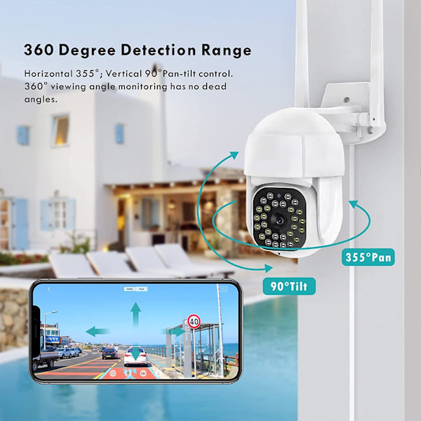 Utomhuskamera med dubbellänsteknik, omfattande övervakning 2.4G/5G WiFi & trådbunden anslutning för hemsäkerhet, 360° panorering och lutning,