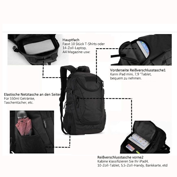 Molle-väska för friluftsentusiaster, taktisk 25-liters vattentät ryggsäck med Army Assault Pack-funktioner