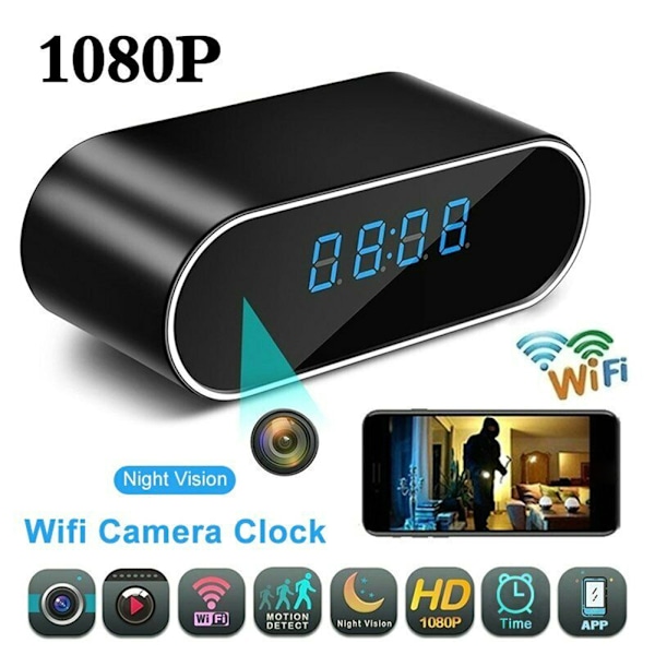 1080P HD Klockkamera WiFi-kontroll IR Mörkerseende Alarm Videokamera Digital Klocka Videokamera