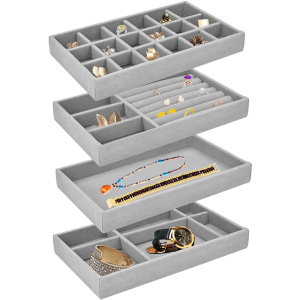 4 lådor smyckesförvaring smyckesdisplay stativ sammet stapelbar smyckesorganisatör avtagbar låda smyckesbricka för halsband örhängen klocka hem