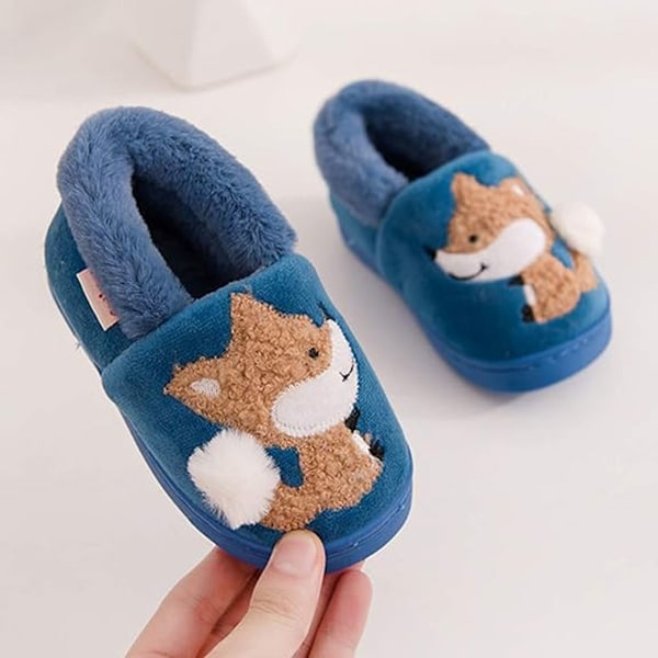 1 par Tofflor för småbarn, Pälsfodrade Varma Slip-On Hemtofflor Söta Vintertofflor Halkfria Innetofflor (räv) blue 15cm