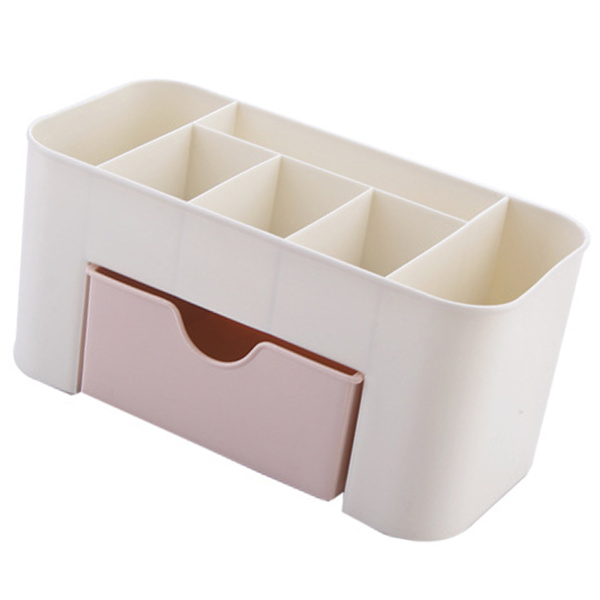 Kosmetik Makeup Organizer, PP Multifunktionel 6 Rum Makeup Skrivebordsarrangør med Skuffe, Pink