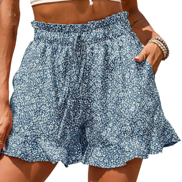 Shorts Sommer Fashionable Print Løs Casual Høj Talje Bælte Lomme Shorts til Damer Blå M