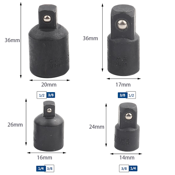 4 stk. Soppadaptersett 1/2\", 3/8\", 1/4\" Soppnøkkeladaptere