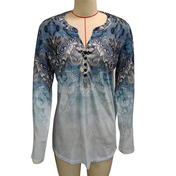Dam Långärmad T-shirt V-ringad Knapp Fram Casual Elegant Lös Passform Pullover Topp Blå Mönster S