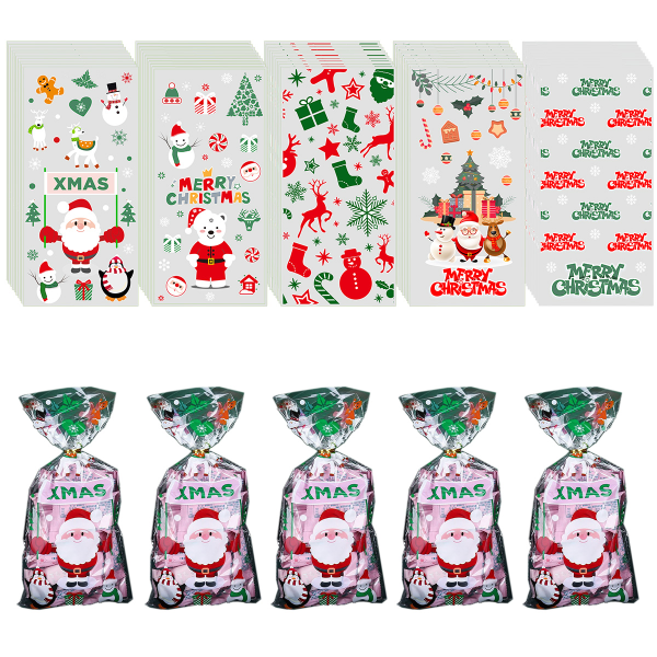 50Pcs Christmas Cellophane Treat Bags, Xmas Clear Gift Bags Candy Goodies Bags with Twist Ties for Christmas Party Supplies