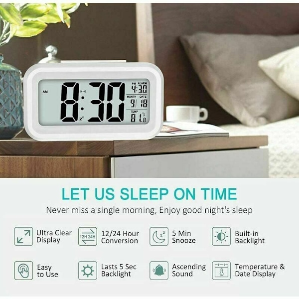 Digital väckarklocka med inomhustemperaturmätare, stor display, tyst drift, stigande alarm, 12/24H-display för sovrum (Vit)