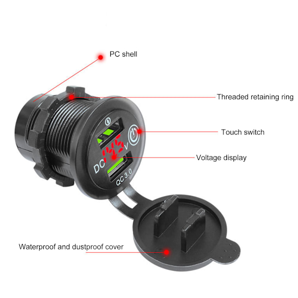Dobbel USB-port lader QC 3.0 Hurtiglading Vanntett med LED Voltmeter for Bil Båt Yacht ATV RV Grønt LED-lys