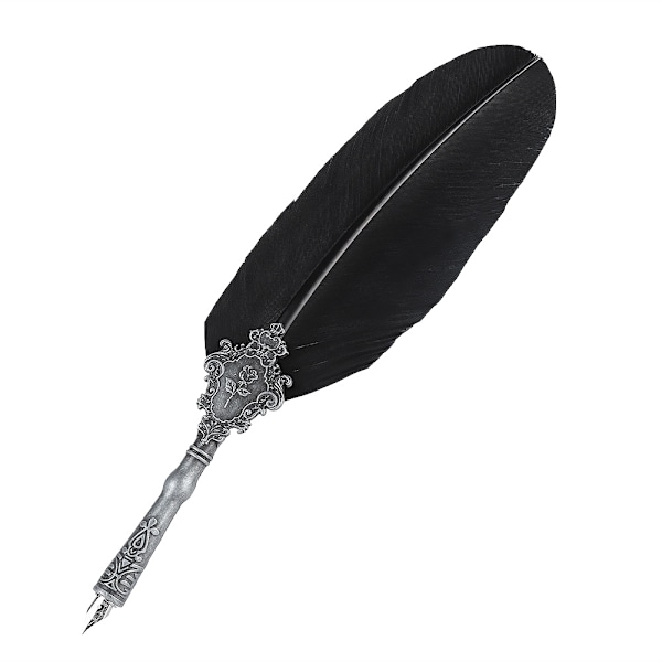 Retro Quill Alloy Fjær Skrive med Penn Nibs Gaveeske Quill Sett med Blekkflaske Svart