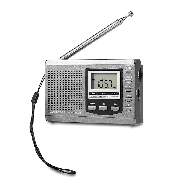 Bærbar Mini Radio FM/MW/SW Mottaker med Digital Alarmklokke FM Radiomottaker Grå