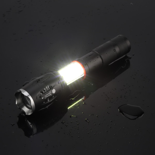 Bärbar T6 + COB LED ficklampa liten vattentät teleskopisk zoom Pe