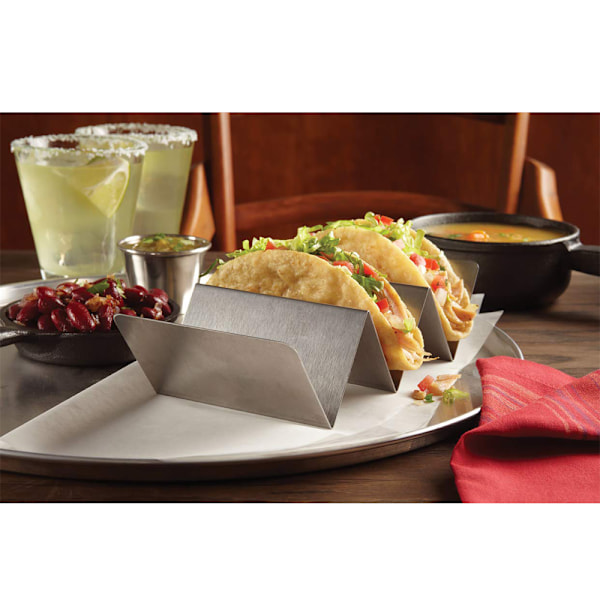 Taco Grill Rack som minskar att tacos faller isär, Professionell presentation Skalform i rostfritt stål för jämn uppvärmning, Silver (4\" X 8\")