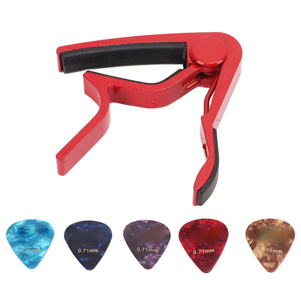 Guitar Capo Stærk Fjeder Ridsefast Høj Hårdhed Legering Guitar Capo med 5 Plektre Rød