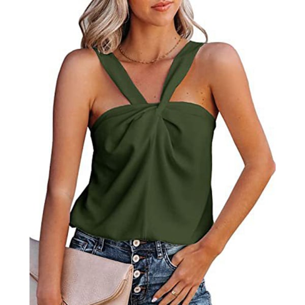 Dam Hängsel Linne Enfärgad Ärmlös Rygglös Krage Väst Slim Fit för Sommar Grön XXL