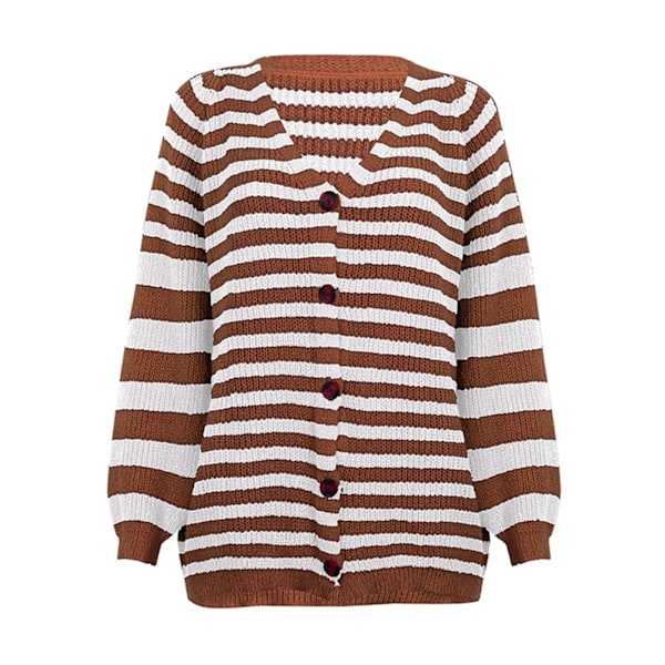 Damrandig Stickad Blus Knäppning V-ringad Stickad Topp Långärmad Casual Randig Blus Brun L