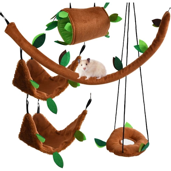 Bedårande Djungeltema Husdjurslekset, Kvalitetssäkerhet, Högkvalitativ Handgjord Plysch Hamsterhängmatta Set för Små Djur, 5 Delars Set, Komplett med Stubbe