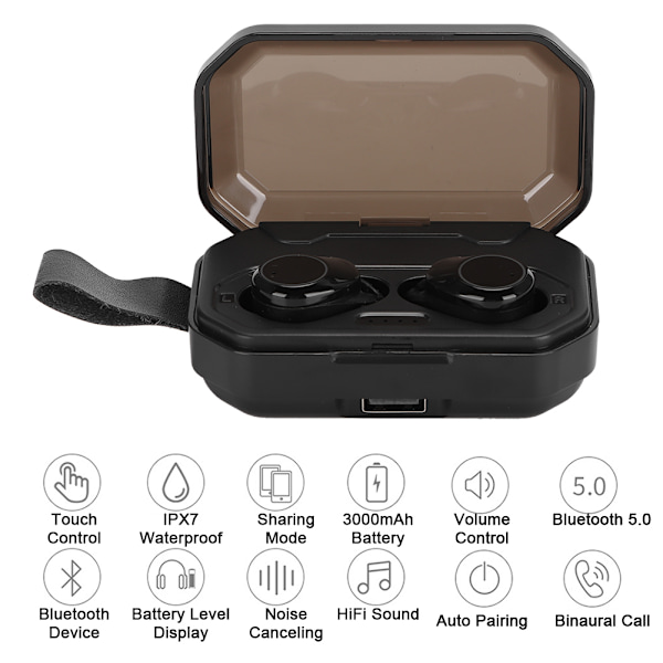 Trådløse Bluetooth 5.0 øretelefoner Vanntett TWS Hodetelefoner HiFi Subwoofer Ørepropper